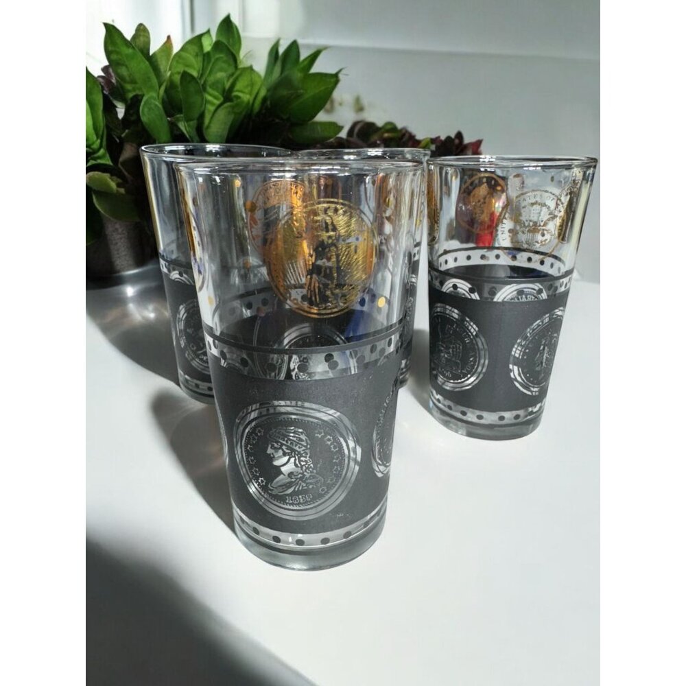 Vintage MCM Libbey Coin Design Highball Glass Set Of 4